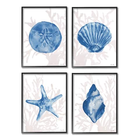 Stupell Industries Blue Shells Starfish and Sand Dollar over Seaweed 4pc Multi Piece Framed Wall Art Set
