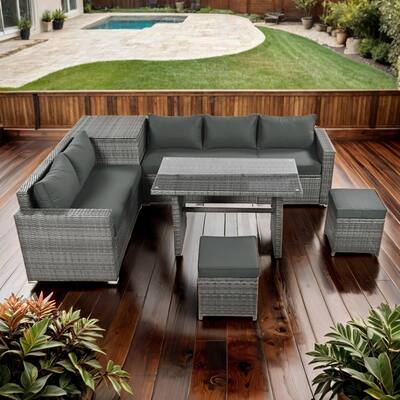 6PCS Outdoor Garden Rattan Sofa Set with Seat Storage Box and Table, Grey