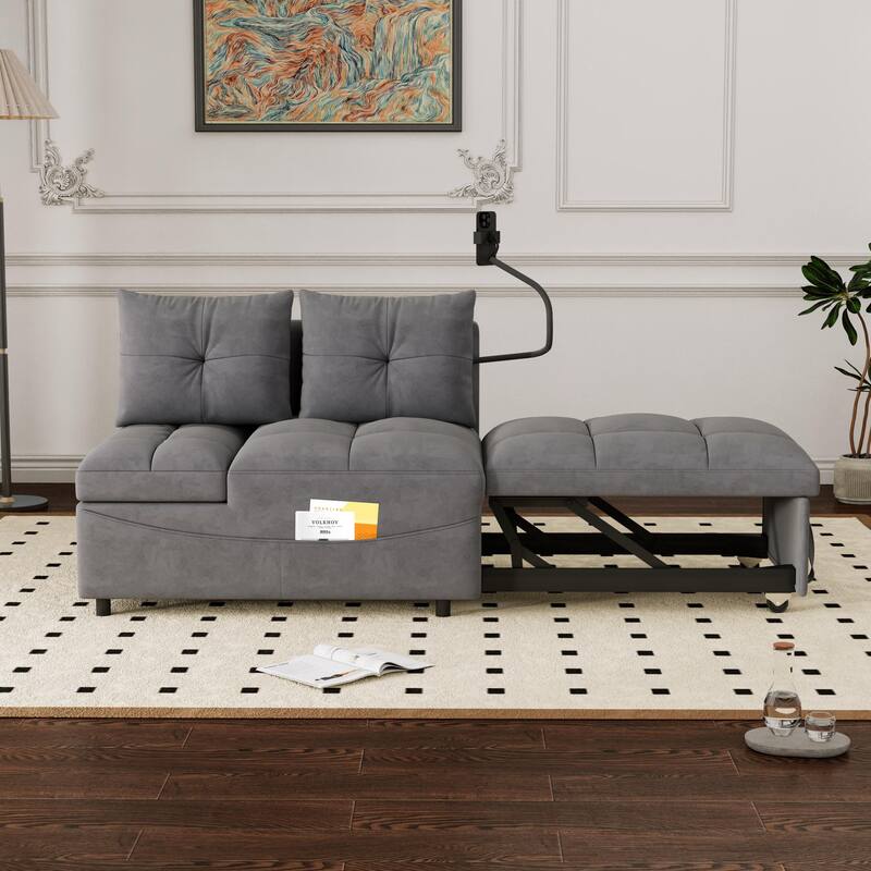 Grey Velvet Convertible Sofa Chair with USB Ports and Reclining Angles - N/A