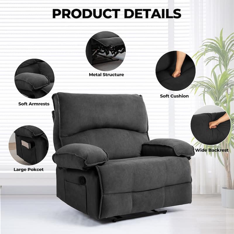Grey Extra-Wide Push-Back Recliner with Heated Massage Pillow, Soft Fleece Fabric Upholstery