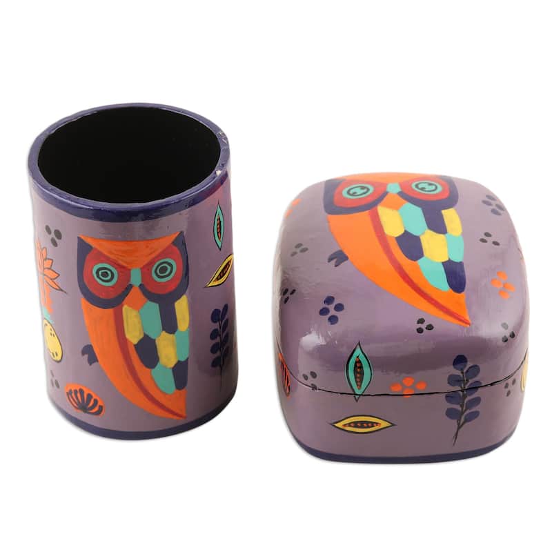 Novica Handmade Owl Story In Dusty Lavender Papier Mache Pen Holder