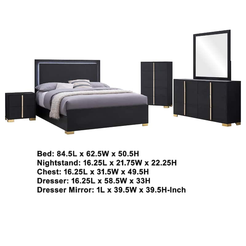 Dex 5pc Queen Bedroom Set with Modern LED Headboard, Mirror, Black