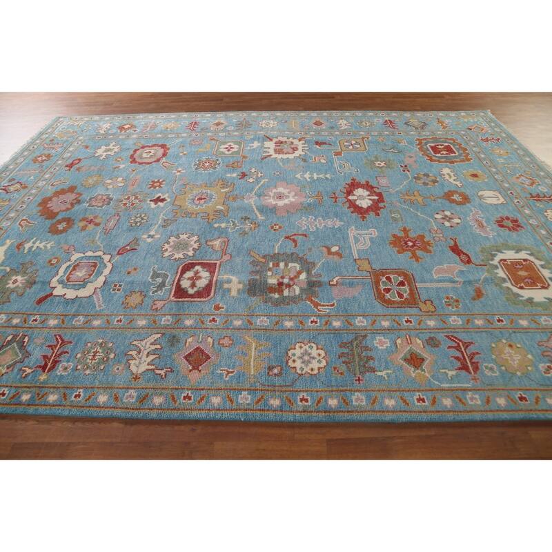 Blue Floral Oushak Area Rug Handmade Wool Carpet - 8'10"x 11'10"