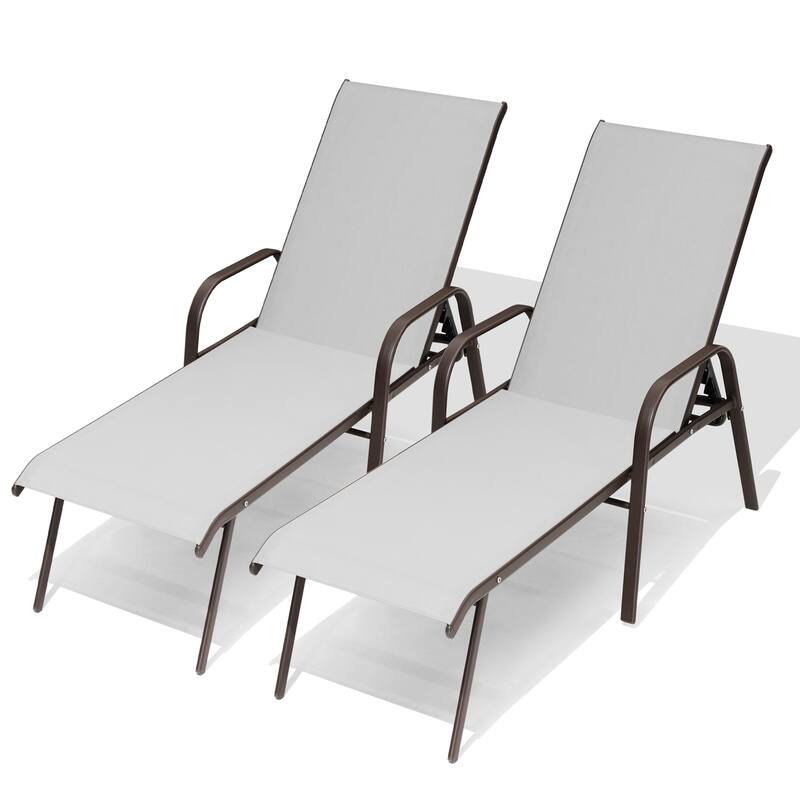 Crestlive Products Outdoor Adjustable Reclining Chaise Lounge Chair with Armrest - Light Grey - 2PC