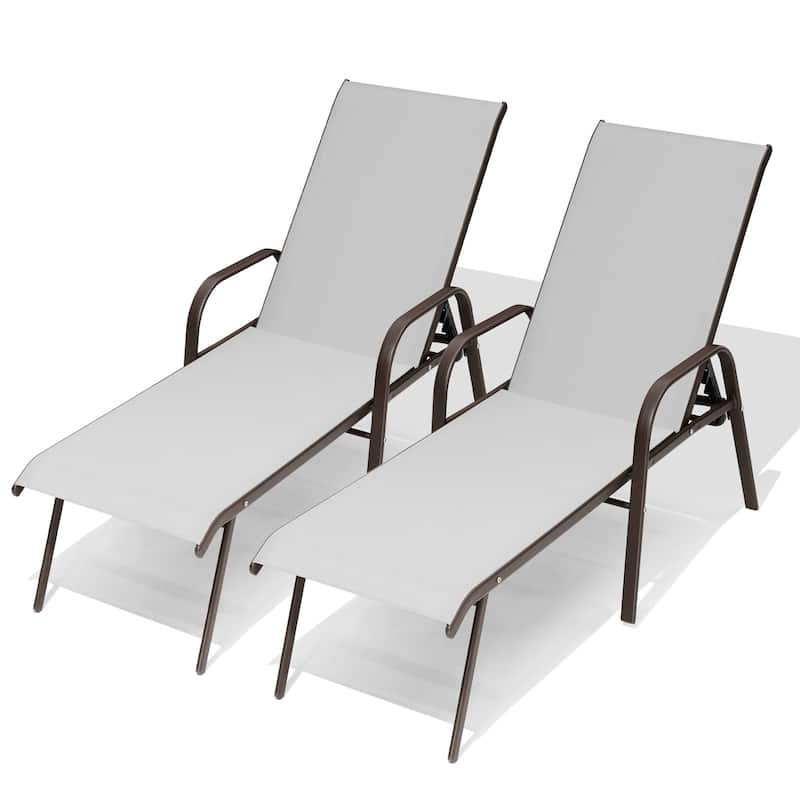 Set of 2/4 Lounge Chairs Outdoor Chaise Lounge with Arms and Adjustable Back - Light Grey - 2PC