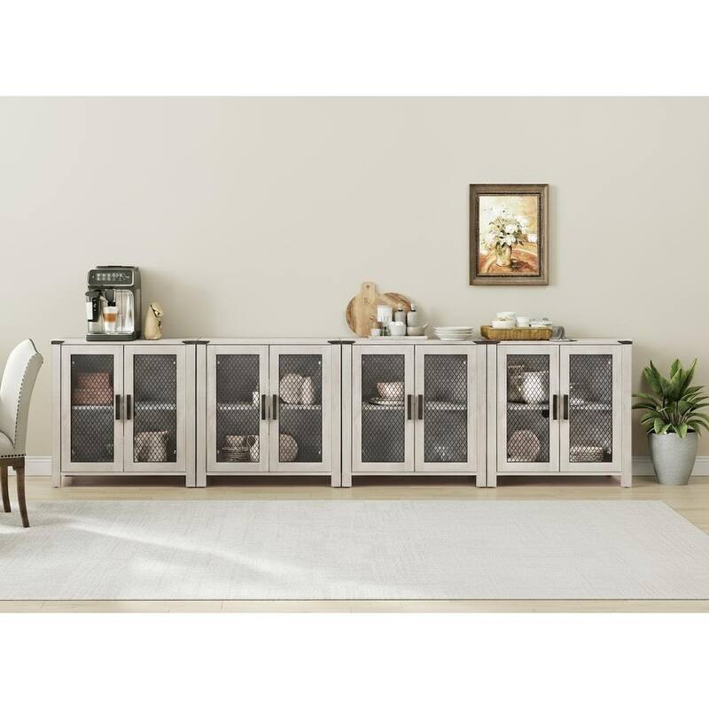 Sideboard Buffet Cabinets with Mesh Door and Adjustable Shelf - Antique White - 4 Pack