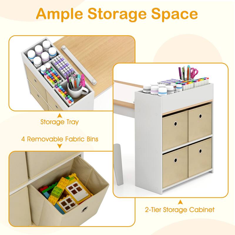Kids Art Table and 2 Chairs Set with 4 Fabric Storage Bins and 4 Compartments - 39.5" x 20" x 23" (L x W x H)