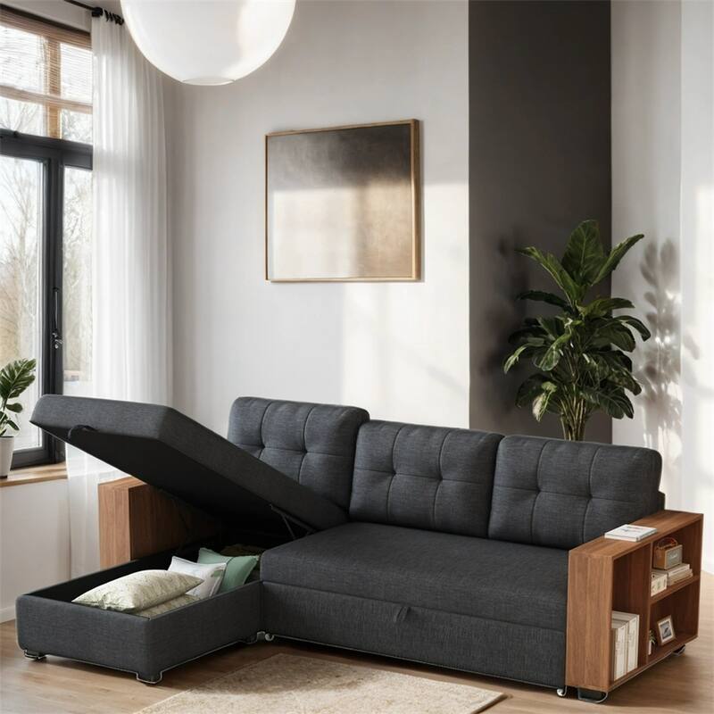 Upholstered Pull Out Sectional Sofa with Storage Chaise