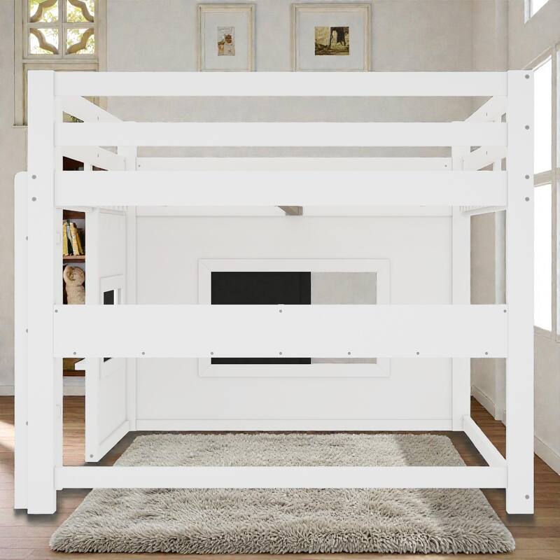 Twin/Full Loft Bed with Sliding Chalkboard, Built-in Bookshelf, Solid Wood Frame & Safety Guardrails, Kids Playhouse Bed