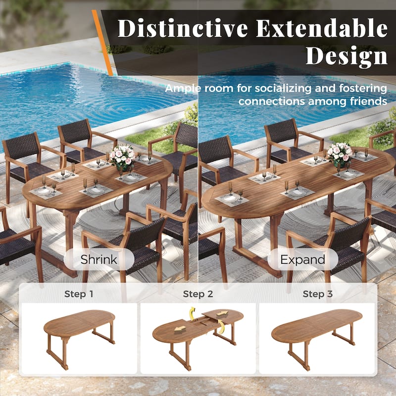 MAISON ARTS Acacia Wood Outdoor Dining Set, Expandable Table with Wicker Chairs, Farmhouse Patio Furniture