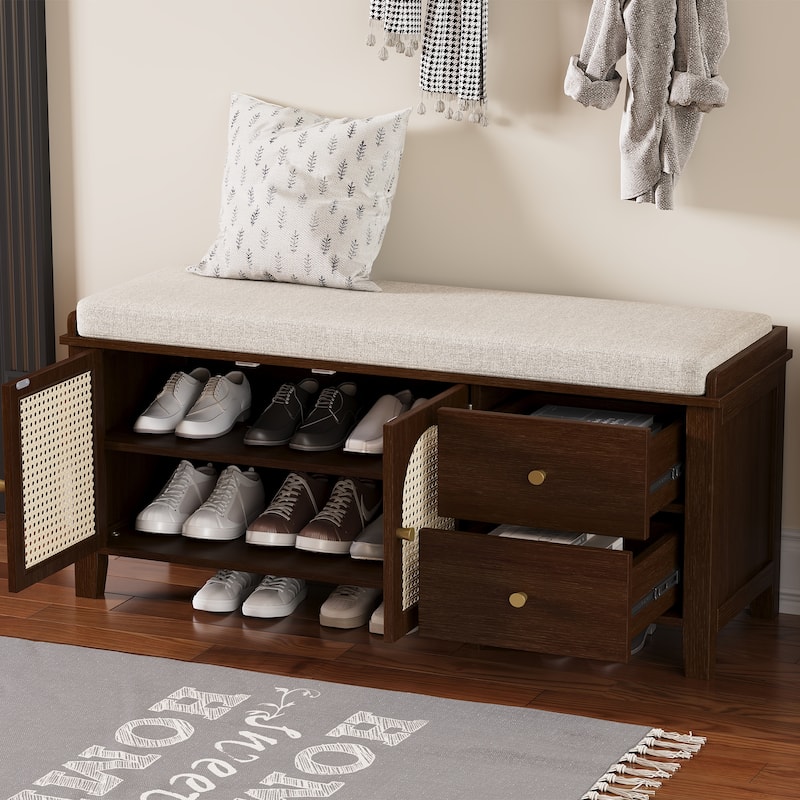 Wood Frame Bench with Shoe Storage, Shoe Bench with Rattan Arched Door and 2 Drawers Entryway Fabric Upholstered Bench