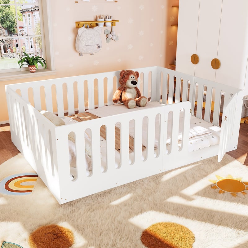 Toddlers Montessori Floor Bed with High Fence, Door, Low Profile Platform Bed Frame for Kids with No Box Spring Needed, No Slats