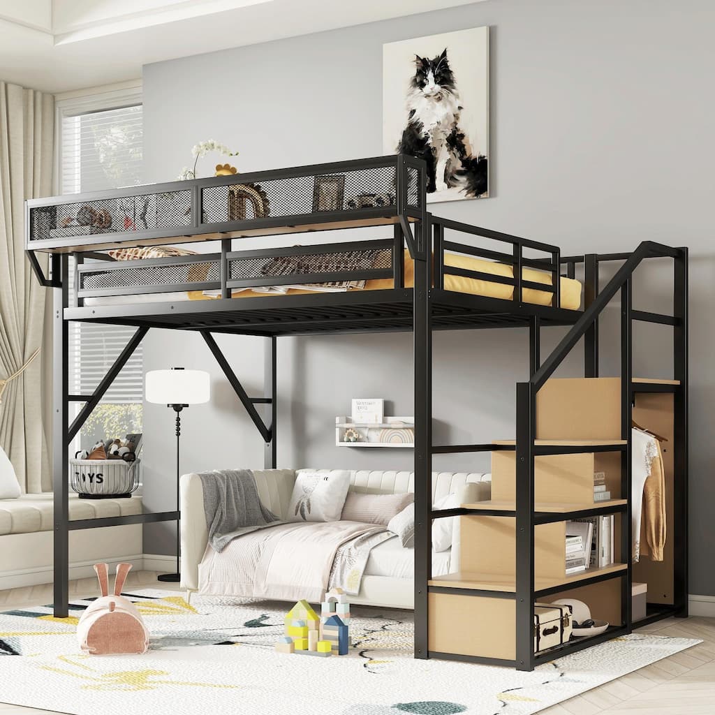 Loft Bed with Stairs, Metal Queen Loft Bed with Storage Shelves, High Loft Bed with Wardrobe