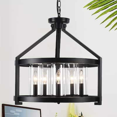 Industrial Farmhouse Cage Candle Chandelier with Glass Lampshade, 5-Light Hanging Candlestick Island Chandelier