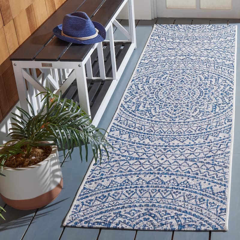 SAFAVIEH Courtyard Fran Mandala Indoor/ Outdoor Waterproof Patio Backyard Rug - 2'3" x 12' Runner - Ivory/Navy