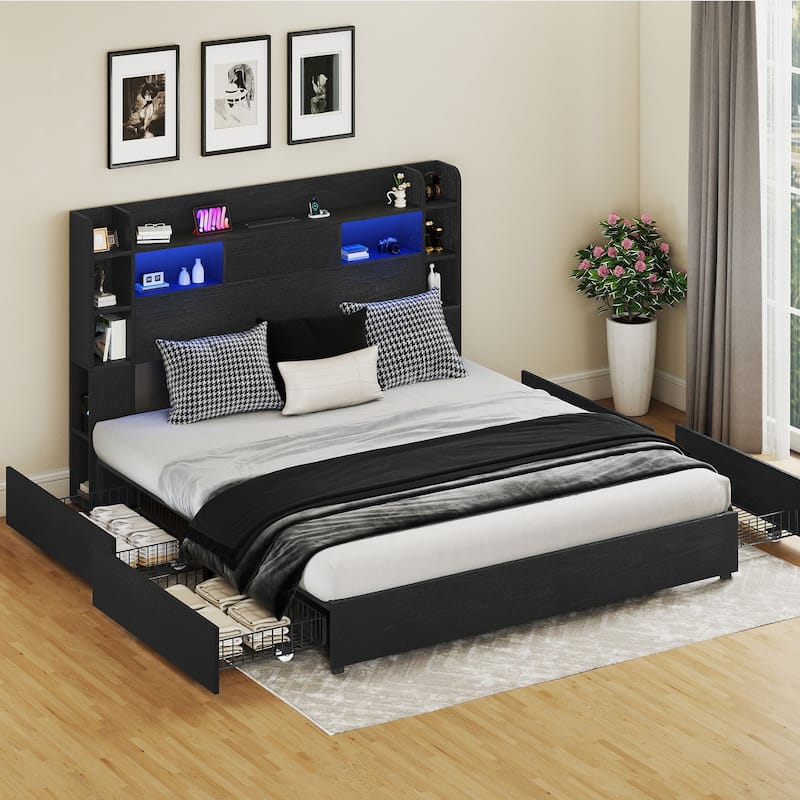 Queen/King Size LED Bed Frame with Bookcase Headboard, 4 Storage Drawers and Charging Station - Black - Queen