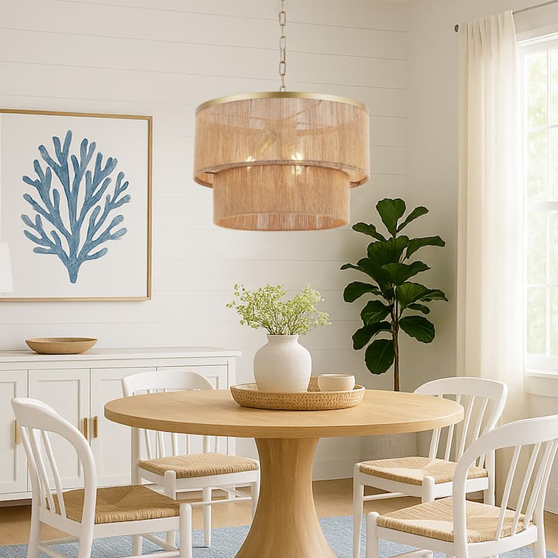 GetLedel 3-Light Coastal Boho Rope Drum Chandelier Hand-woven Ceiling Light