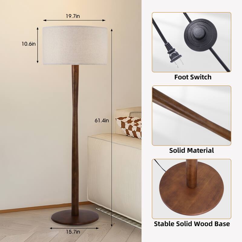 61 in. Retro Standing Floor Lamp with Rubberwood Base and Linen KD Lampshade for Bedroom, Living Room