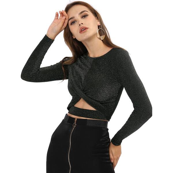 Shop Women S Long Sleeve Crew Neck Cut Out Glitter Cross Crop Tops