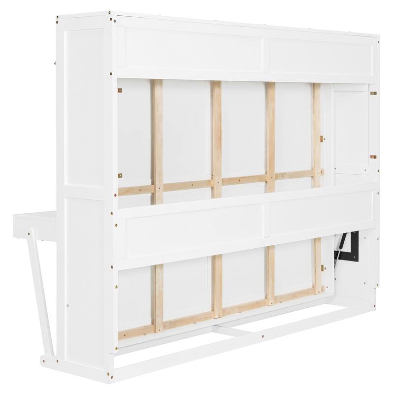 Queen Size Foldable Wall Bed with Storage and Vanity Desk, White