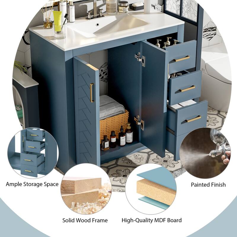 Roomfitters 36 Inch Bathroom Vanity with Ceramic Sink Combo, Solid Wood Frame Freestanding Storage Cabinet with 3 Drawers