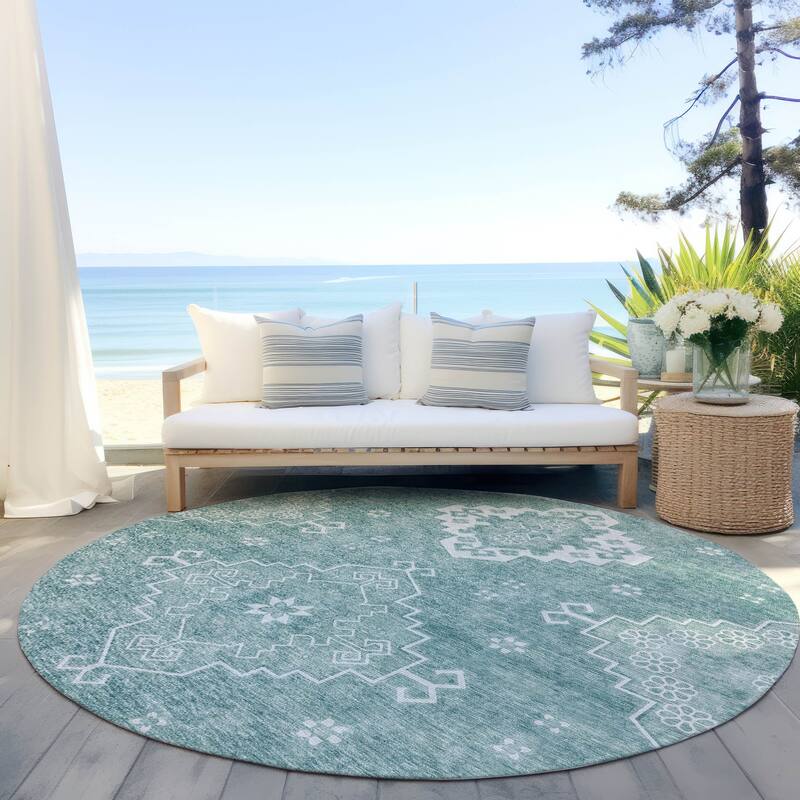 Machine Washable Indoor/ Outdoor Chantille Traditional Boho Rug - Aqua - 8' x 8'