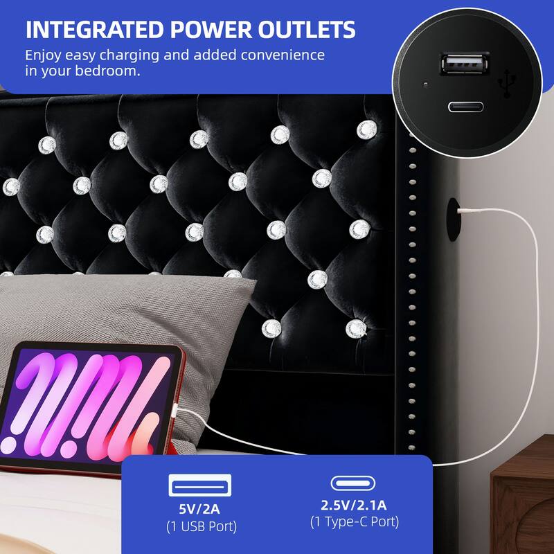 58" Tall Wingback Storage Headboard Bed Frame with USB Charging Stations and Deep Button Tufted