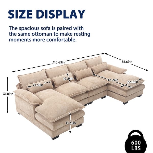 dimension image slide 9 of 11, Chenille Upholstered U-Shaped Living Room Sectional Sofa With Wooden Legs