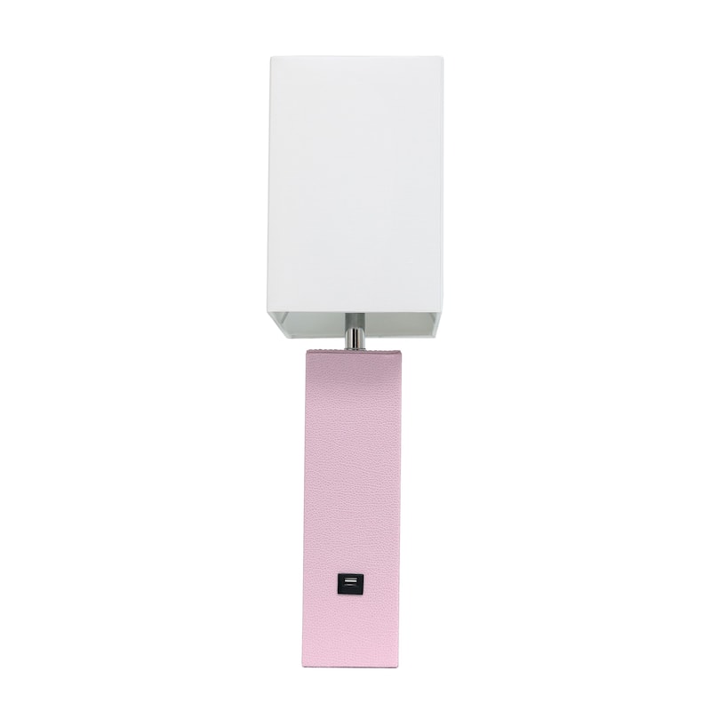 Modern Leather Table Lamp with USB and White Fabric Shade