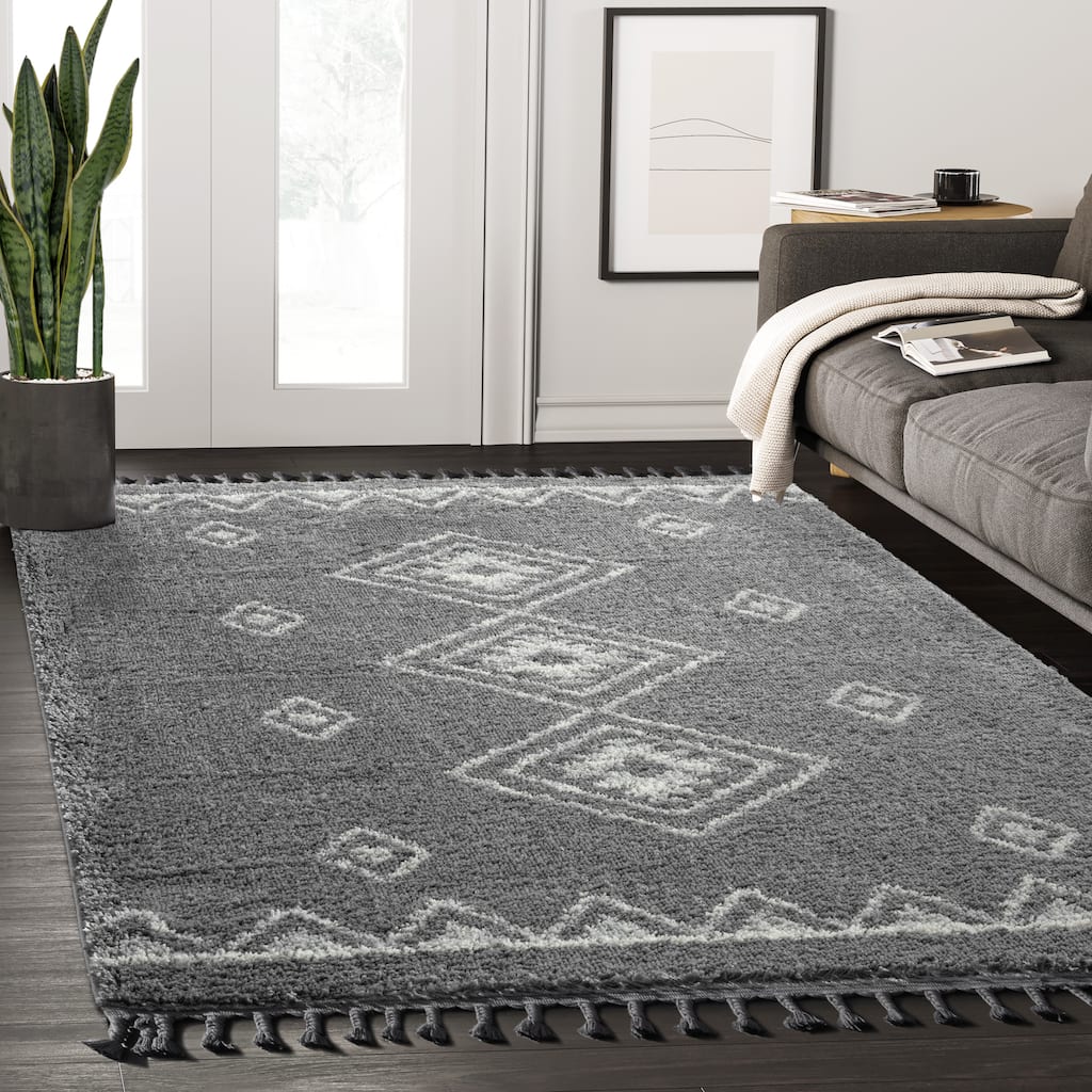 Abani Willow WIL220A Contemporary Grey and Ivory Tribal Shag Area Rug