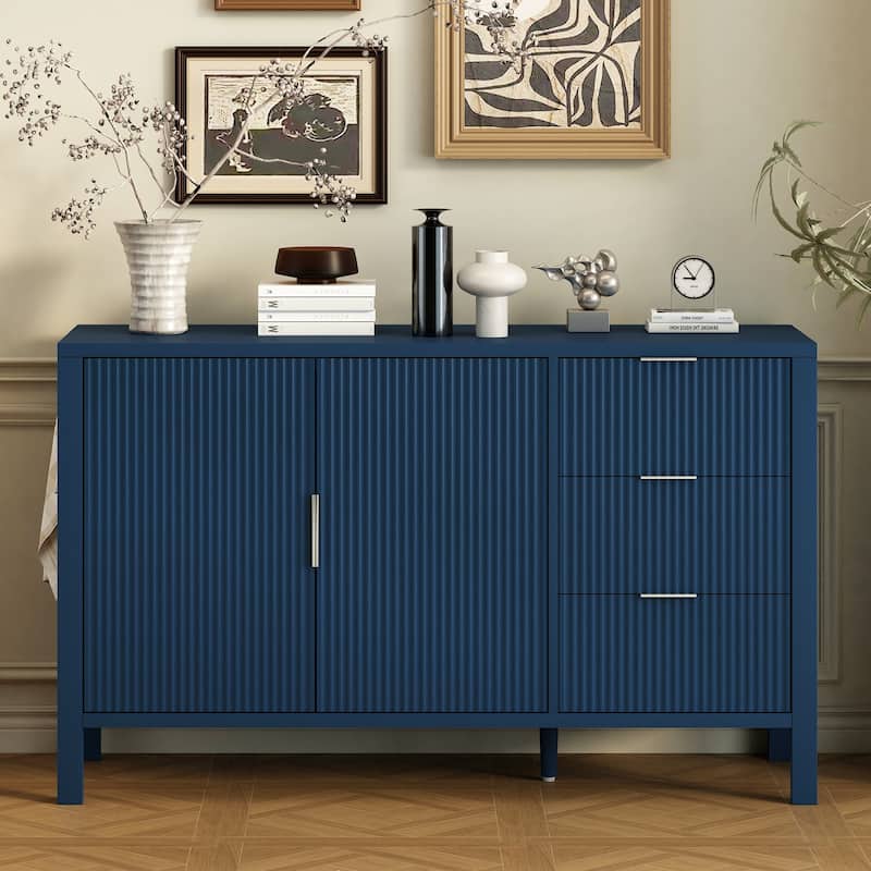 Roomfitters Sideboard Buffet Cabinet with 3 Drawers, 2 Door Mid-century Fluted Accent Storage for Kitchen & Dining - Navy Blue