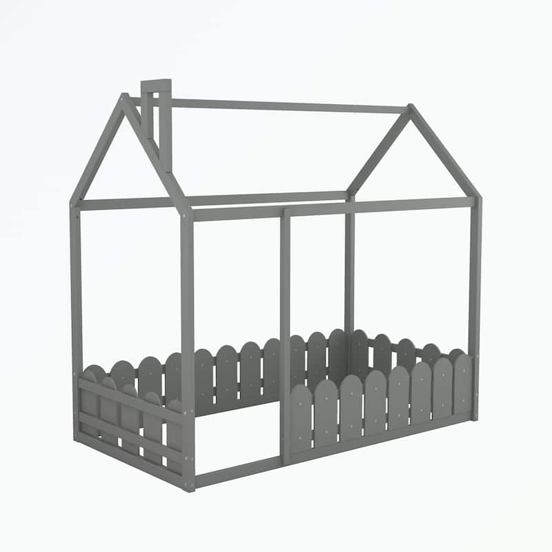 Twin Size Wood Bed House Bed Frame with Fence
