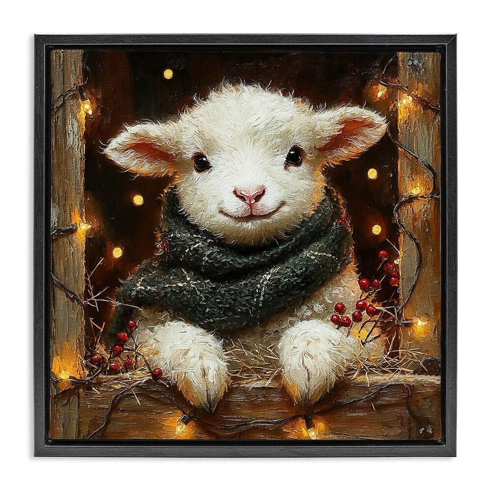 Stupell Festive Lamb with Holiday Lights Framed Floater Canvas Wall Art Design By Riley B