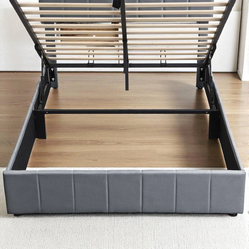 Full/Queen Upholstered Platform Bed with Hydraulic Lift Storage, Linen Headboard and Slats