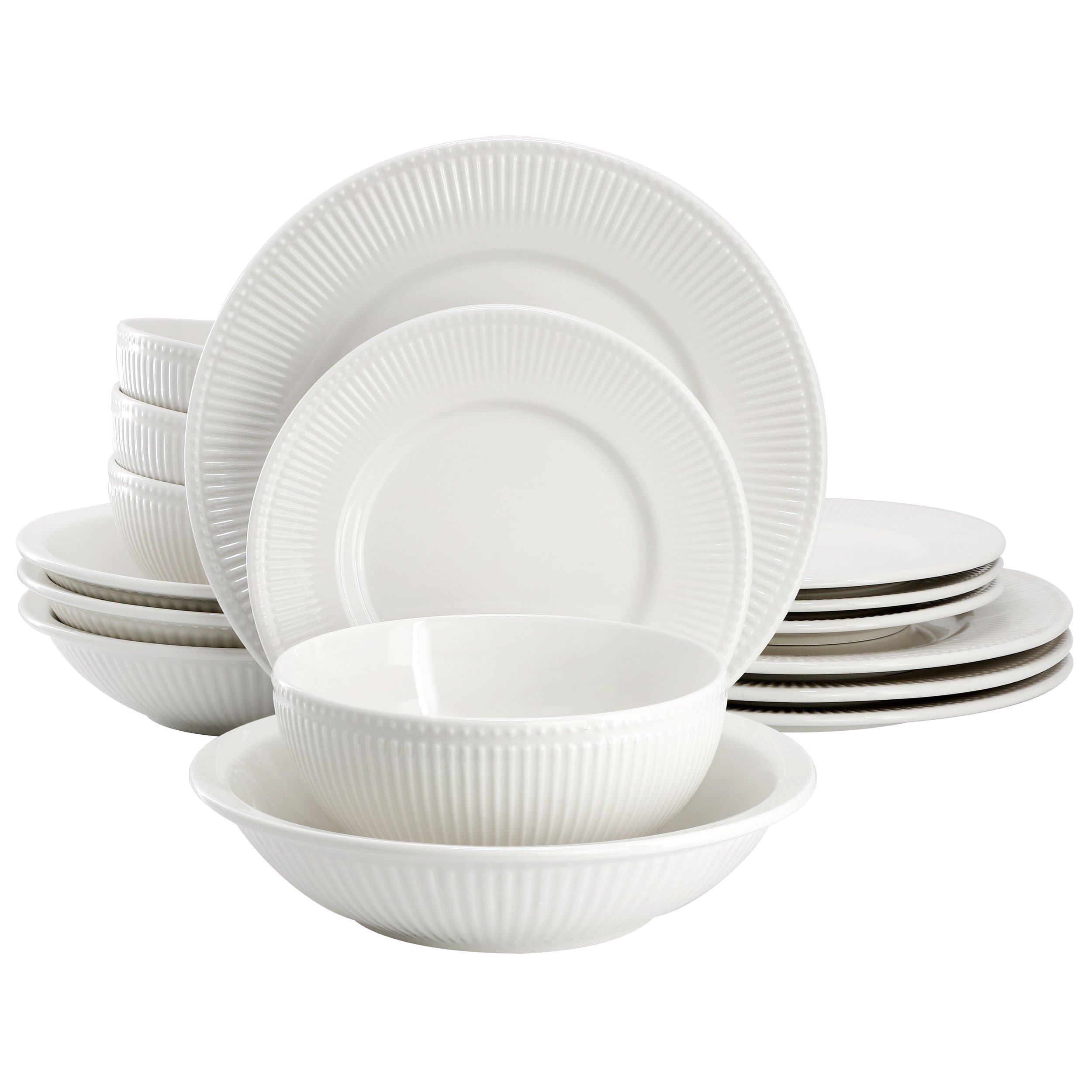 Elama Kate 16 Piece Textured Trim Double Bowl Porcelain Dinnerware Set in White