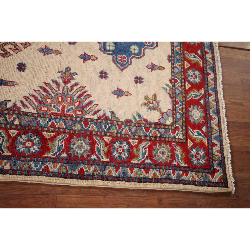 Ivory Geometric Kazak Accent Rug Handmade Wool Carpet - 3'4" x 4'10"