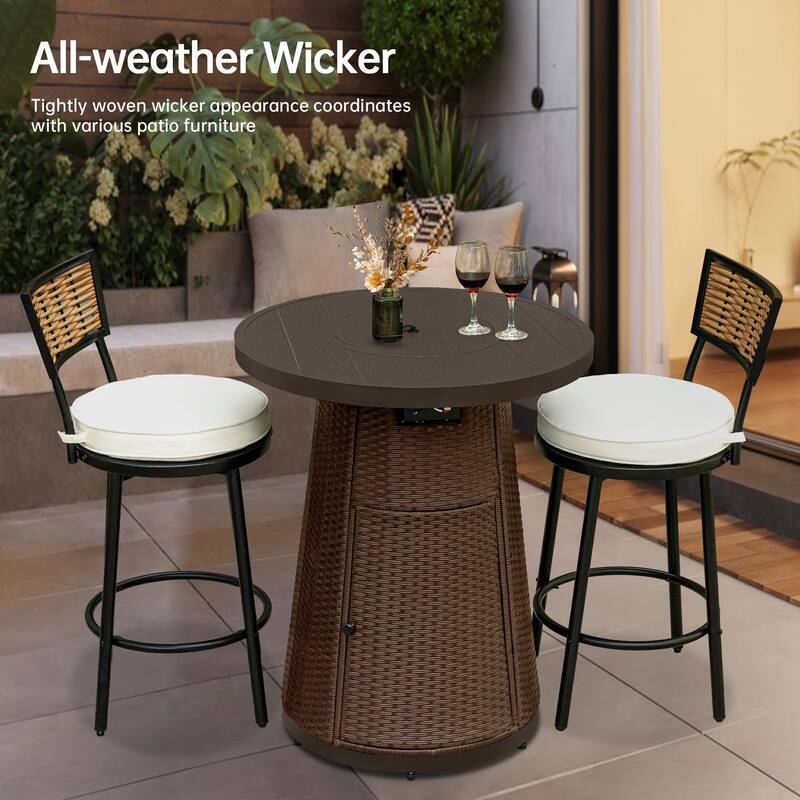 31.5" Wicker Propane Bar Height Fire Pit Table, 40,000 BTU Outdoor Round Gas Fire Table with Fire Glass Stone