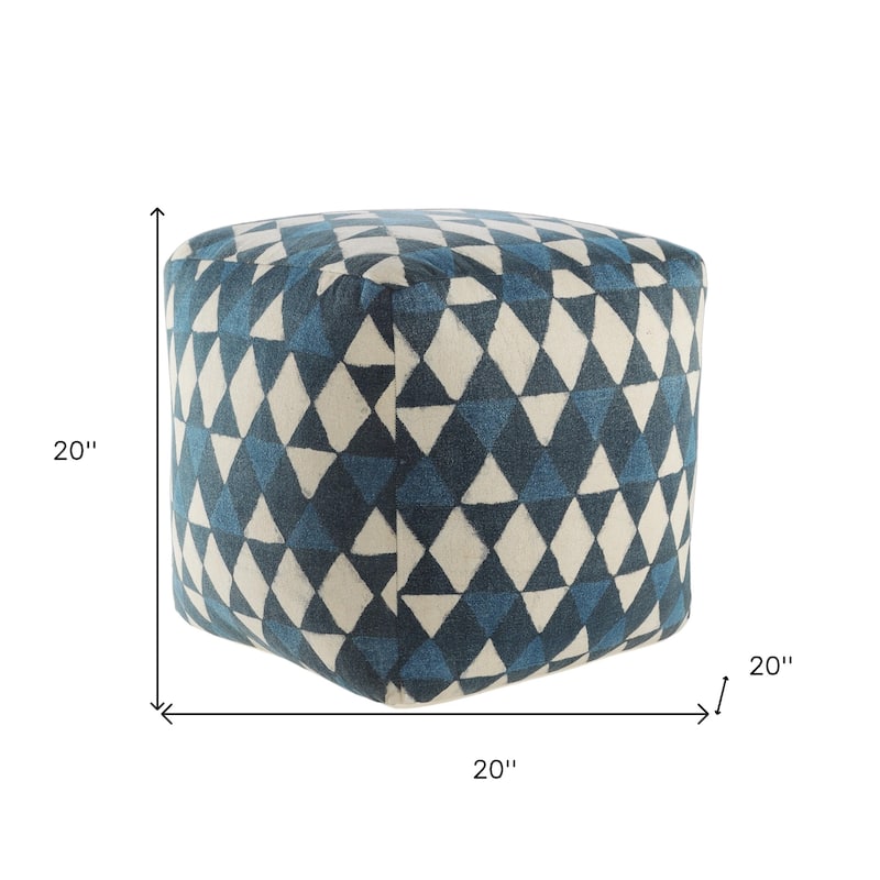 Blue Geometric Pouf Ottoman 20" Cotton Footrest for Modern Living Room and Home Seating