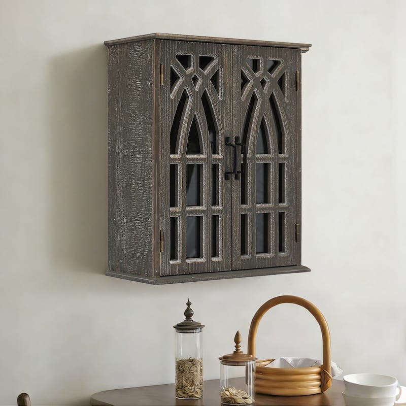 Vintage Wall-Mounted Cabinet with Decorative Cutout Doors, Rustic Wooden Hanging Storage Cabinet for Bathroom, Living Room