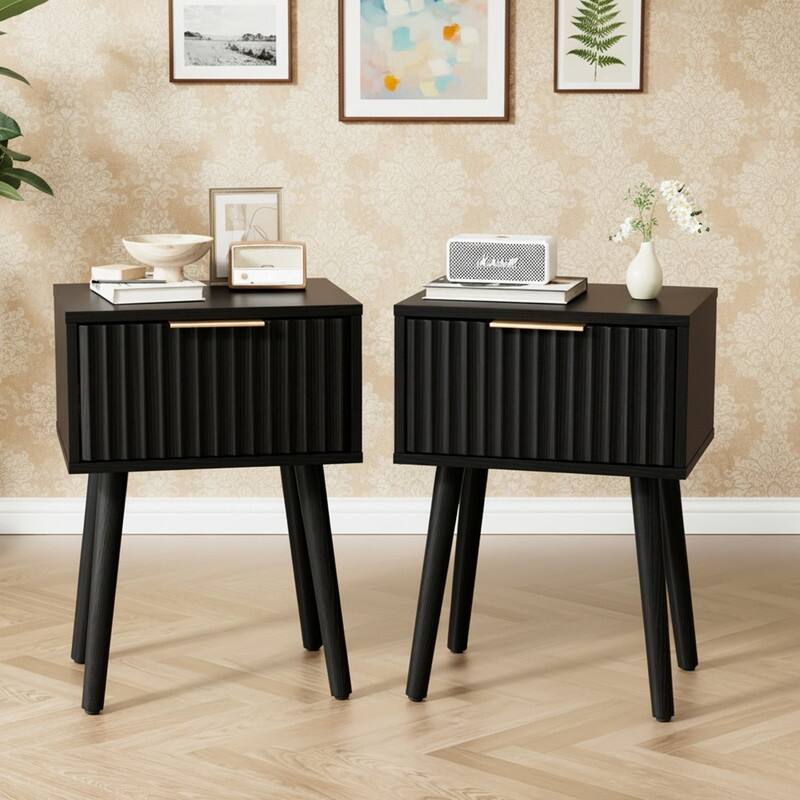 15.7"W Nightstand, Particleboard & MDF, Melamine & Vacuum Forming, 1 Drawer, High Leg (2 Pcs) - Black