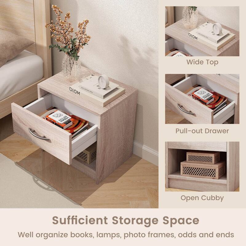 Costway Modern Nightstand Bedside Table with Drawer Open Storage Shelf