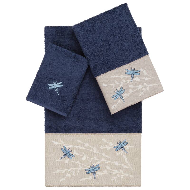 Authentic Hotel and Spa 100% Turkish Cotton Braelyn 3PC Embellished Towel Set - Navy