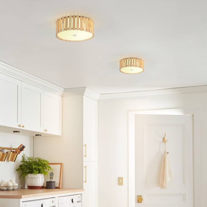 14.2" Rustic Boho Wooden Strips Cylindrical Drum Shade LED Flush Mount Ceiling Light for Living Room