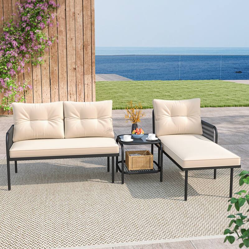 Gymax 3-Piece L Shaped Patio Furniture Set w/Tempered Glass Table Back