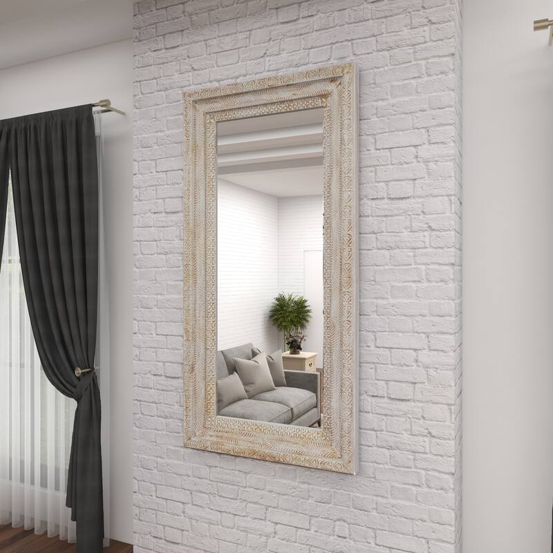 Brown Wood Intricately Carved Floral Room Wall Mirror