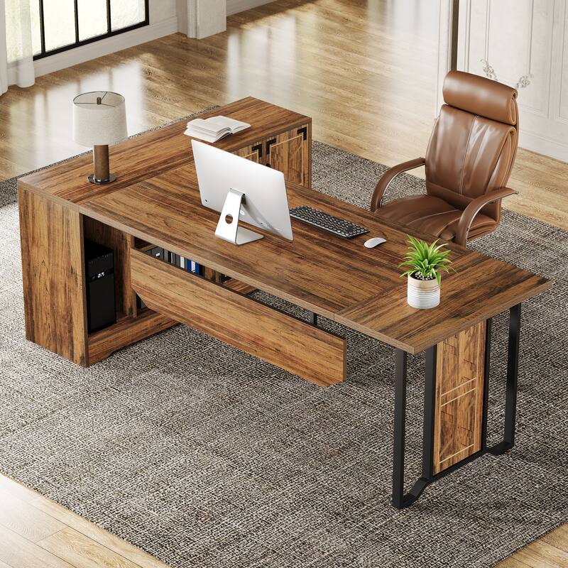 78" L-Shaped Executive Desk, Large Office Desk with Double-Door Storage Cabinet