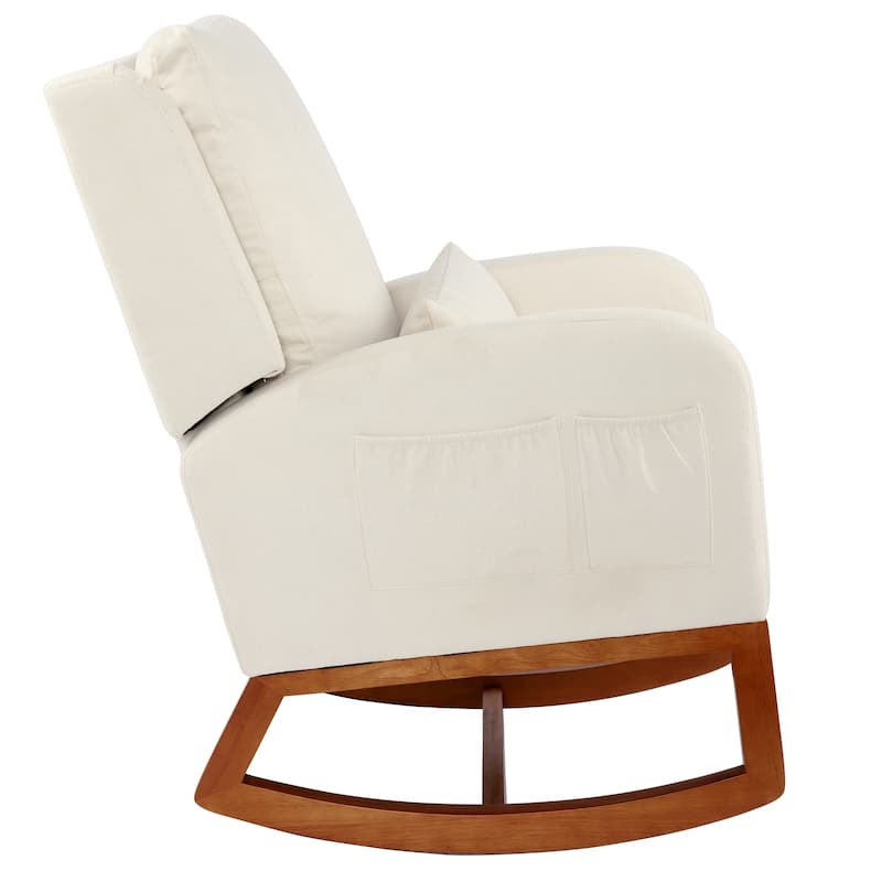 Nursery Rocking Chair High Back Armchair with Side Pocket Rubber Wood Legs and Pillow Flannel Chair for Living Room/Bedroom