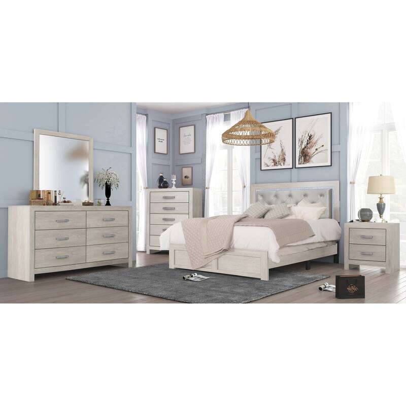 Modern Queen Panel Bed with LED Headboard, Beige Faux Leather Upholstery & Wooden Frame