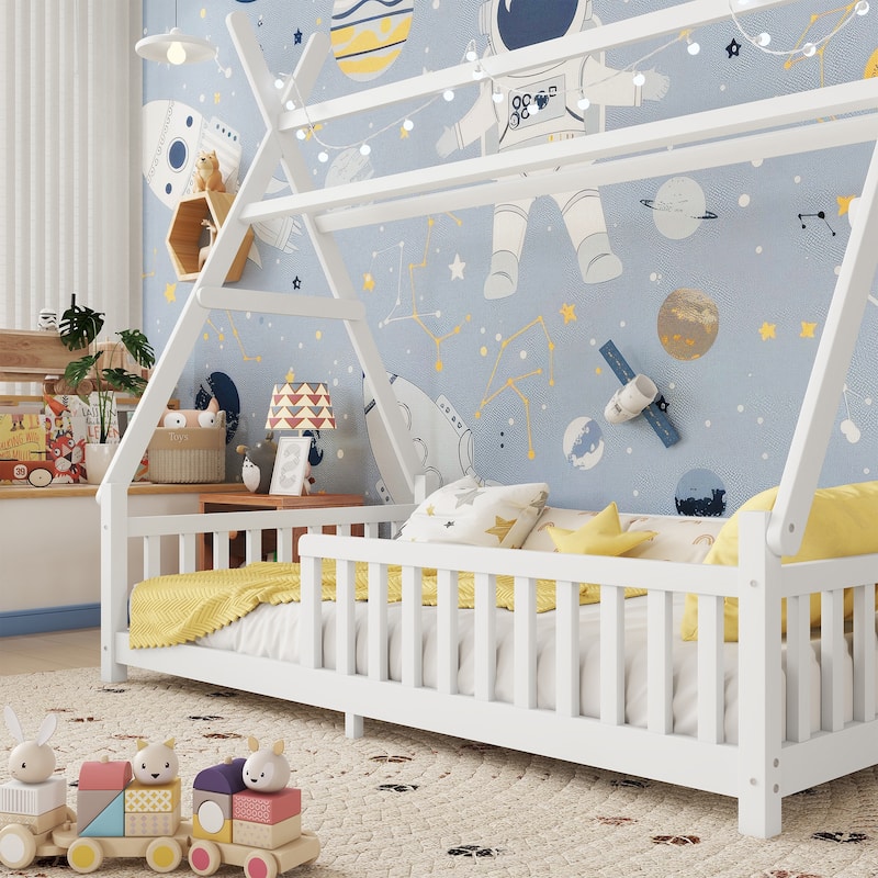 House Bed with Light, Low Toddler Floor Bed House-shaped Roof Frame with Fence and Roof for Kids Boys Girls