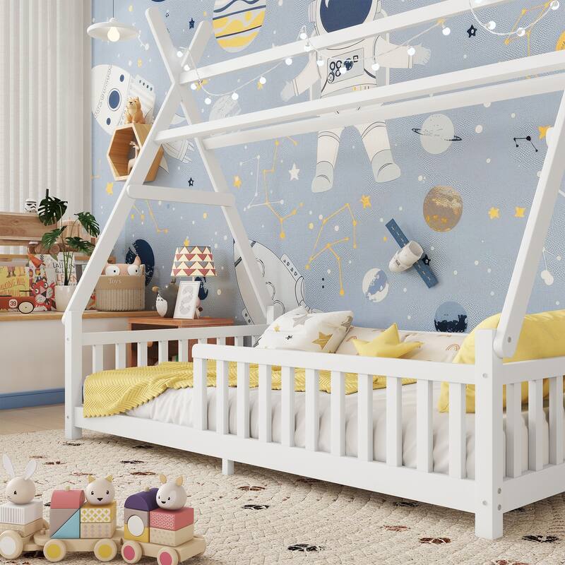 Twin/Full Size House Bed with LED Light and Fence, Wooden Low Floor Kids Bed Frame with Roof for Boys and Girls